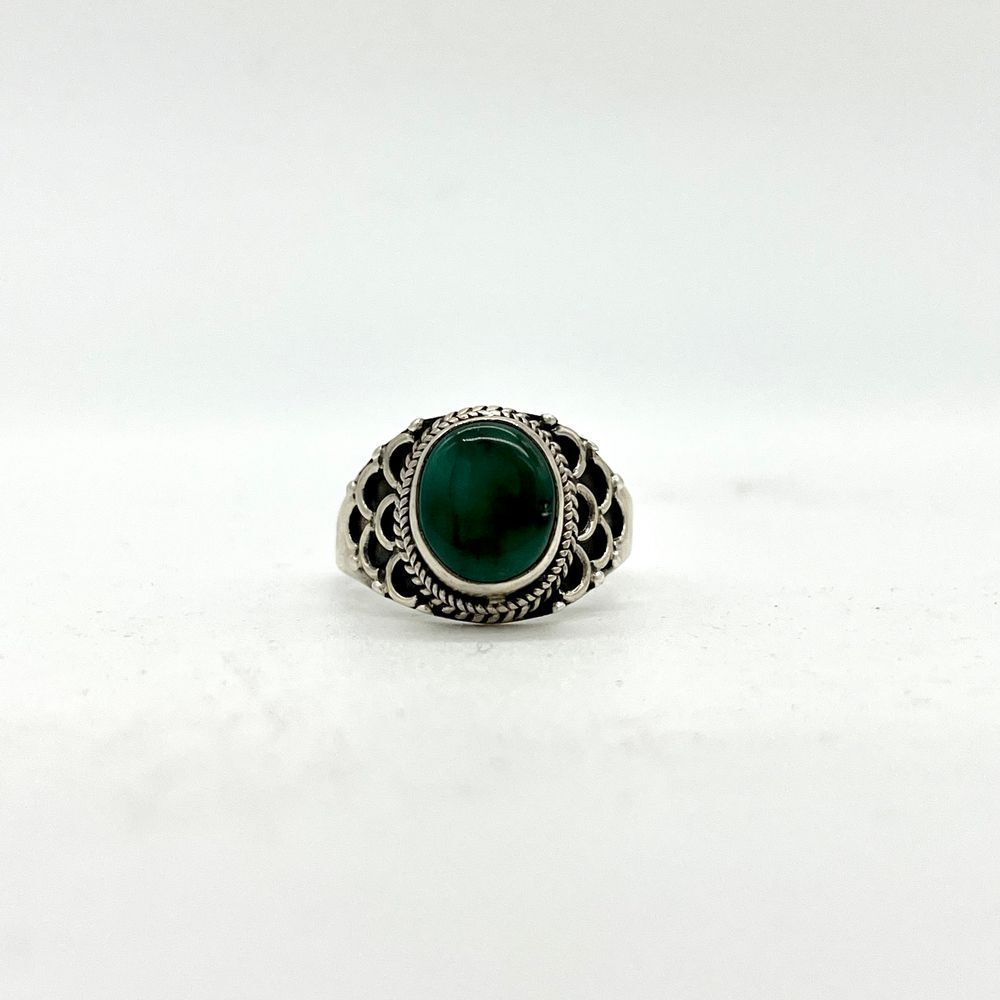925 Sterling Silver Green Malachite Ring Boho Filigree Ornate Adjustable Size 10